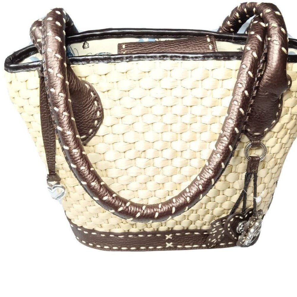 Brighton Straw & Leather Tote Shoulder Bag Silver & Leather Charms Cream & Brown - Picture 2 of 9